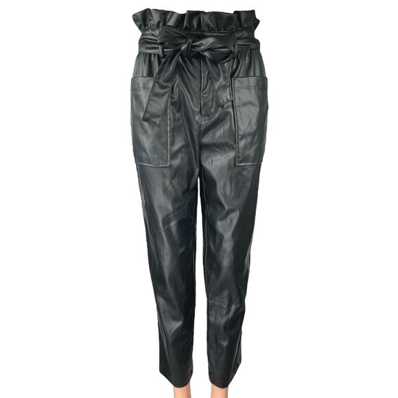 Who What Wear Black Faux Leather Belted High Rise Straight Paperbag Pants Size 2 - Picture 1 of 4